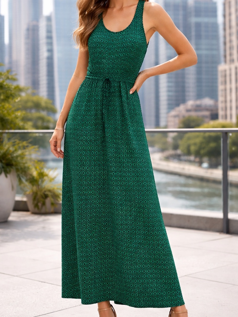 Banana Republic Green and Navy Patterned Maxi Dress Size Small